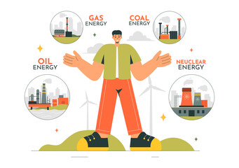 Nonrenewable Natural Energy Resources Vector Illustration Featuring Nuclear, Petroleum, Oil, Natural Gas, and Coal Fuels in a Flat Style Background