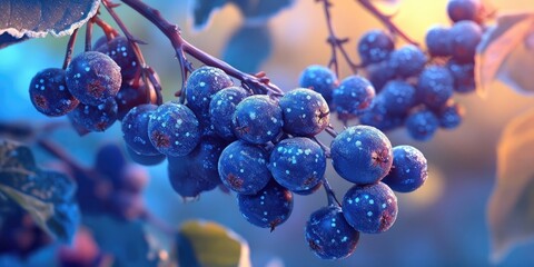 Lush close-up of dark winter berries glistening with frost, perfect for seasonal decorations and culinary uses