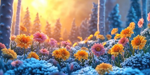 Fototapeta premium Glowing landscape with vibrant flowers under a sunrise on a frosty winter morning, showcasing nature's beauty