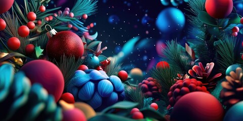 Christmas advent crown background in vibrant blue, red, and green featuring natural elements like branches, fruits, and fir, ideal for festive letter templates or mailing designs