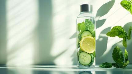 Refreshing detox water with lemon, cucumber, and mint in a glass bottle