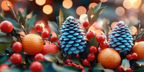 Colorful red and blue shiny cones adorning green Christmas tree branches, complemented by fresh tangerines, festive decoration, holiday spirit