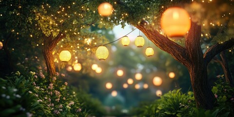 Glowing lanterns adorning lush green trees, creating a magical ambiance for evening gatherings
