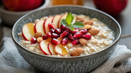 Healthy breakfast bowl with oats, fresh apples, pomegranate seeds, and almonds