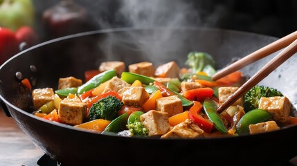 Vibrant vegetable stir-fry with tofu in a hot wok