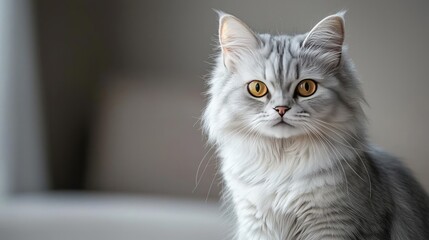 Obraz premium Fluffy silver cat with striking yellow eyes, sitting gracefully indoors.