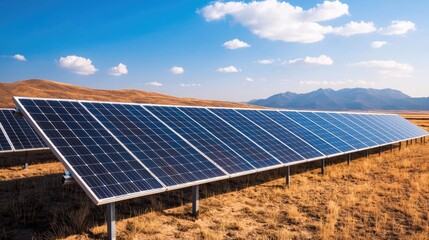 Solar panels in a field under a clear blue sky with mountains in the background.
