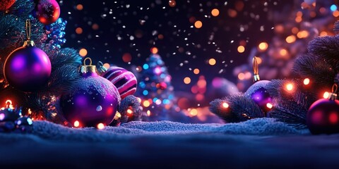 Festive Christmas and New Year holidays background with vibrant decorations and shimmering lights, perfect for seasonal greetings