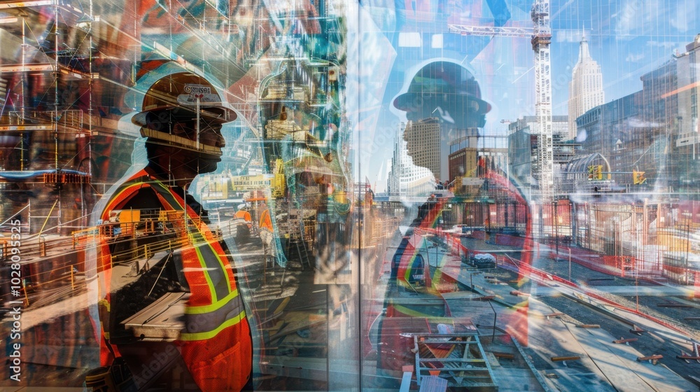 Wall mural construction worker overlooking busy urban landscape