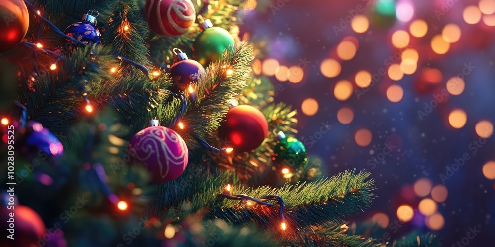 Poster Close-up of a beautifully decorated Christmas tree with sparkling garland lights and colorful ornaments, perfect for holiday celebrations