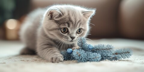 Grey fluffy Scottish Fold kitten playing with a blue spruce branch decorated for New Year's on a soft beige carpet, concept of pets, holiday decor