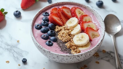 Healthy smoothie bowl with fresh fruits and granola on marble table