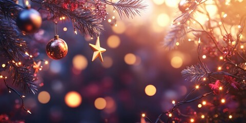 Christmas and New Year banner background featuring bokeh lights, festive decorations, golden stars, and glittery branches, perfect for holiday invitations or promotions
