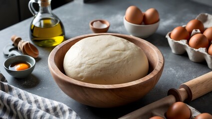 Fototapeta premium Raw dough, rolling pin and ingredients on grey table. Ai Generative.