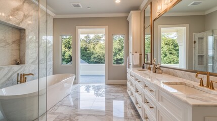 Fototapeta premium High-end bathroom, showcasing luxurious materials like marble, gold fixtures, and custom cabinetry, representing the pinnacle of comfort and design in a high-end space.