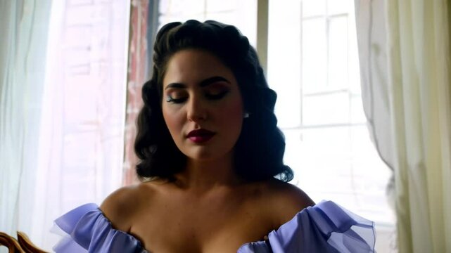 Portrait of an elegant western woman in a vintage blue dress sitting by a window