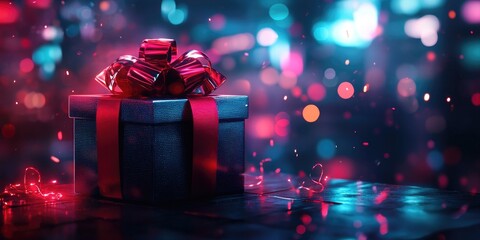 Stunningly wrapped gift box adorned with a vibrant red ribbon, ideal for special celebrations, events, occasions