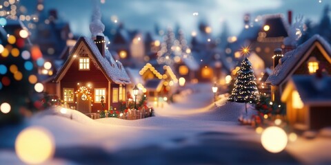Charming small village adorned with twinkling lights and artificial snow, showcasing delightful Christmas decorations of miniature houses and figures