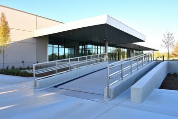 Fototapeta premium Modern Building Entrance with Concrete Ramp and Handrail.