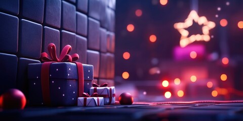 Christmas advent calendar with small craft-wrapped gifts and red and white cord on a gray wall, celebrating the tradition of daily surprises during the festive season