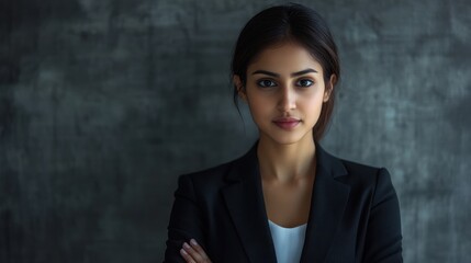 Indian businesswoman portrait, a striking, professional portrait of a successful Indian woman in business attire, highlighting confidence and professionalism.