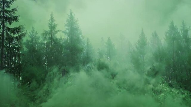 Enchanted Forest: A mystical fog dances through a serene forest, creating an ethereal atmosphere. The towering trees stand tall, their silhouettes barely visible through the mist.