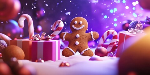 Obraz premium Homemade gingerbread cookies, colorful gift boxes, and festive candy canes arranged on a white table, celebrating Christmas and New Year traditions
