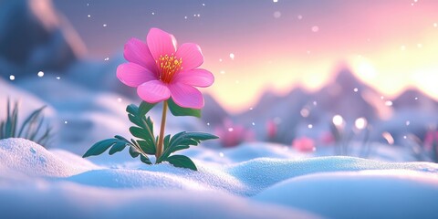 Obraz premium Beautiful flower emerging through snow in winter, showcasing nature's resilience