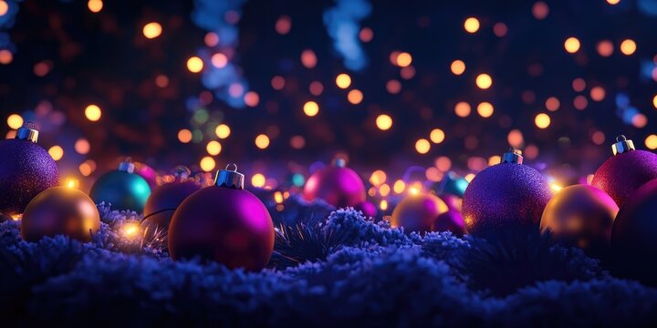 Festive Christmas background featuring colorful ornaments and twinkling lights for personalized holiday greetings and cards.