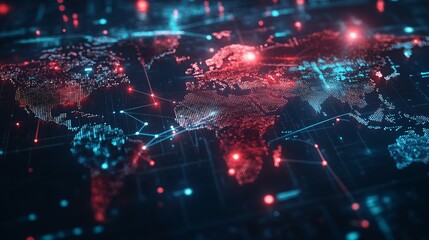 Obraz premium Abstract World Map with Red and Blue Illuminated Connections
