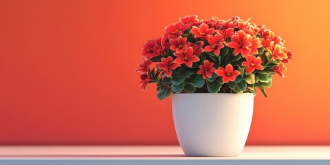 Fototapeta premium Side view of a vibrant red flowering Christmas kalanchoe in an elegant white pot, perfect for holiday decor