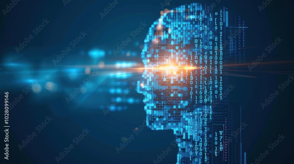 Poster digital human profile with binary code background