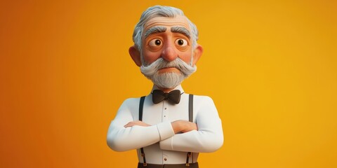 Irritated elderly gray-haired man with a mustache and beard, dressed in a white shirt and bow tie, posing with crossed hands against a vibrant yellow-orange background