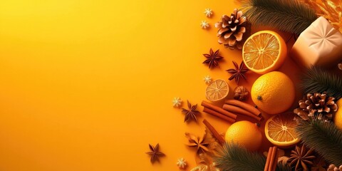 Christmas flat lay with dried oranges, star anise, and cinnamon on a vibrant yellow background, perfect for seasonal decor