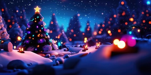 Fototapeta premium Christmas background featuring a snowy landscape with ample space for decorations, including a Christmas tree and a soft blue blurred ambiance
