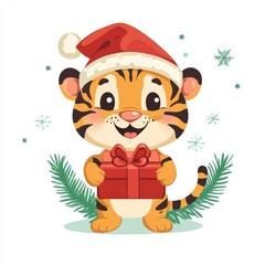 Cute tiger wearing Christmas cap holding a gift box isolated over white background.