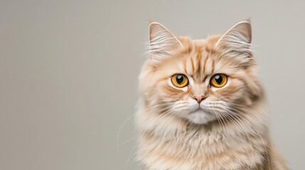Fototapeta premium Fluffy orange cat with striking eyes on a neutral background.
