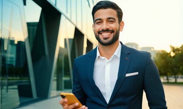 Egyptian Man Walking and Speaking Outside Modern Office Building