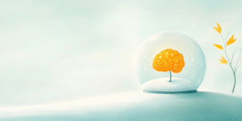 Un cerveau brillant sous une cloche de verre dans un paysage enneig&eacute;. Id&eacute;al pour des projets de No&euml;l et d'hiver. Mental et r&eacute;flexion 