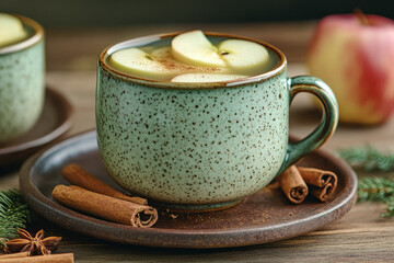 A mug of apple cider with cinnamon sticks on a wooden table