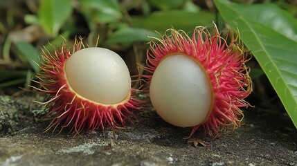 A rambutan with its distinctive hairy shell, both whole and partially opened to reveal the juicy white fruit inside. The vibrant, textured shell contrasts beautifully with the smooth,