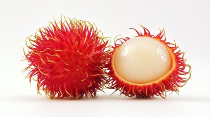 A rambutan with its distinctive hairy shell, both whole and partially opened to reveal the juicy white fruit inside. The vibrant, textured shell contrasts beautifully with the smooth,