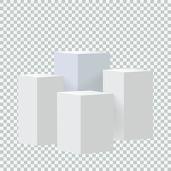 Four blank square podiums stand to show products on transparent background, Vector illustration.