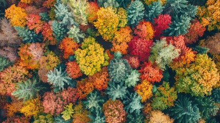 Aerial view of a vibrant autumn forest showcasing colorful trees and dense foliage in a stunning top-down perspective.