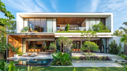 Fototapeta premium Elegant modern villa in Bali featuring a lush garden, swimming pool, and open-air dining space with glass walls.