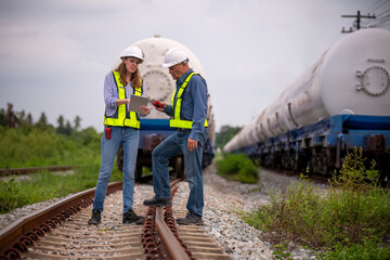 Engineer railway engaged in discussion or inspection maintenance work greenery and gas or oil power industrial or transportation setting in the rail train import export logistics industry concept.
