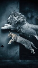 Conceptual Image of Two Lions and a Cat in Dynamic Poses Against Gray Background