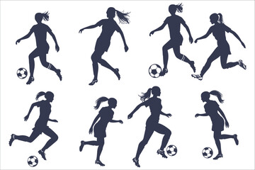Black silhouettes of woman soccer player. Female football player silhouette vector collection. Woman soccer player silhouette vector illustration. Vector collection of woman football player silhouette