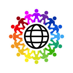People holding hands forming a gear around of world globe symbol. Vector isolated on white background.	