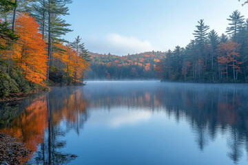 Fototapeta premium a calm shallow lake in autumn. the trees around it are all coloured brown, yellow and red